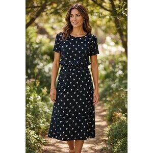 J Jill Wearever Collection XL Midi Dress New Blouson Dandelion Fluff Black White